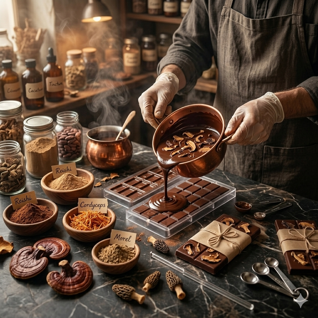 Hand-crafting our mushroom chocolate bars with love