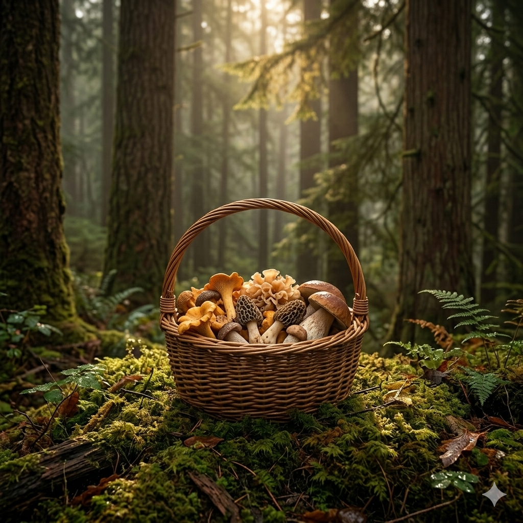 Foraging wild mushrooms in the Pacific Northwest forest