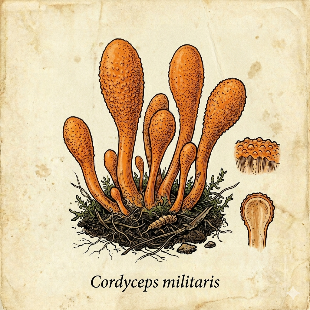 Botanical illustration of Cordyceps mushroom