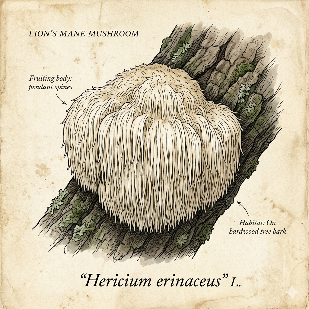 Botanical illustration of Lion's Mane mushroom
